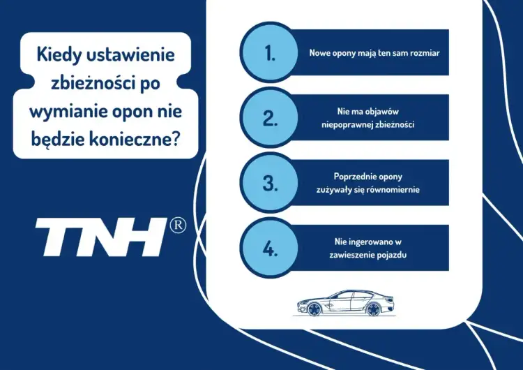 Kiedy ustawienie zbieżności po wymianie opon nie będzie konieczne? Nowe opony tego samego rozmiaru, brak objawów nieprawidłowej zbieżności, równomierne zużycie poprzednich opon, brak ingerencji w zawieszenie.