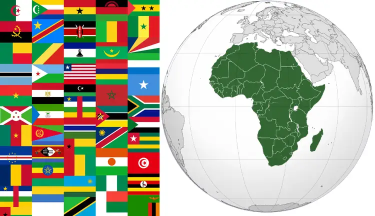 Flagi państw afrykańskich i globus z zaznaczonym kontynentem. Najważniejsze informacje o Afryce w pigułce.