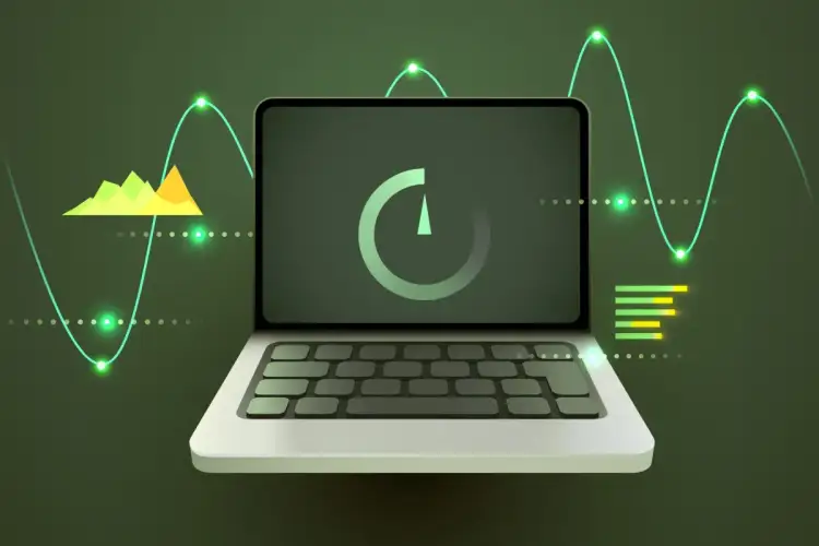 Czy darmowe programy czyszczące komputer faktycznie przyspieszają system? Grafika przedstawia laptopa z wskaźnikiem ładowania i wykresami, sugerując analizę wydajności.