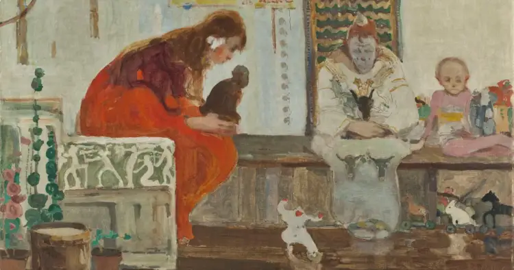 Dzieła Witolda Wojtkiewicza: dziewczynka z małpką, klaun z koziołkiem i dziecko wśród zabawek.