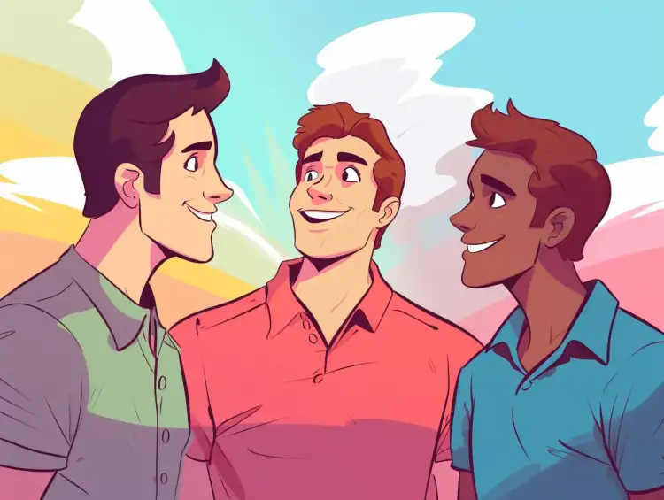 Trzech uśmiechniętych mężczyzn, jakby z drużyny sigma alfa, rozmawia na tle kolorowego nieba.
