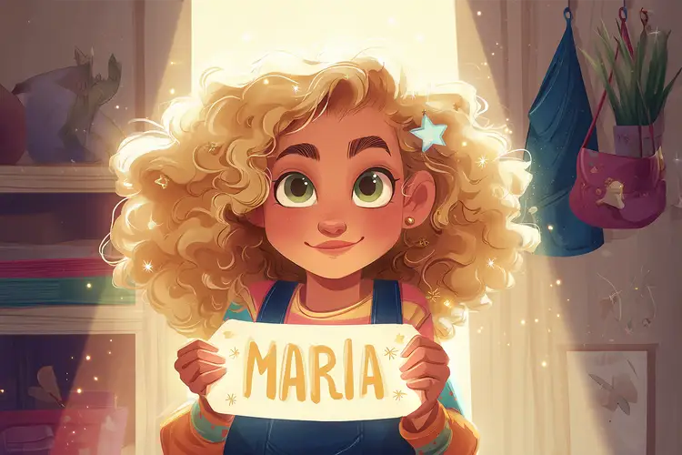 Uśmiechnięta dziewczynka z burzą blond włosów trzyma tabliczkę z napisem "MARIA". Piękne imiona dla dziewczynek.
