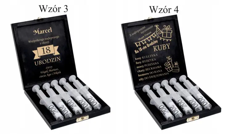 Dwie czarne szkatułki z grawerem na 18 urodziny. W jednej, dla Marcela, życzenia i strzykawki z napisem "200". W drugiej, dla Kuby, życzenia i strzykawki. Oryginalny sposób, jak zapakować pieniądze na 18 urodziny.