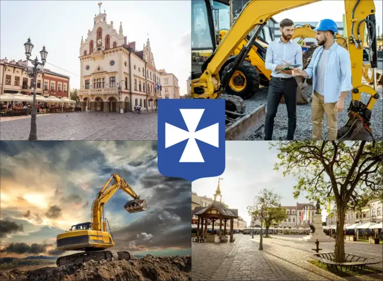 Kolaż: budynek ratusza, koparka, dwaj mężczyźni przy koparce, plac miejski, herb.