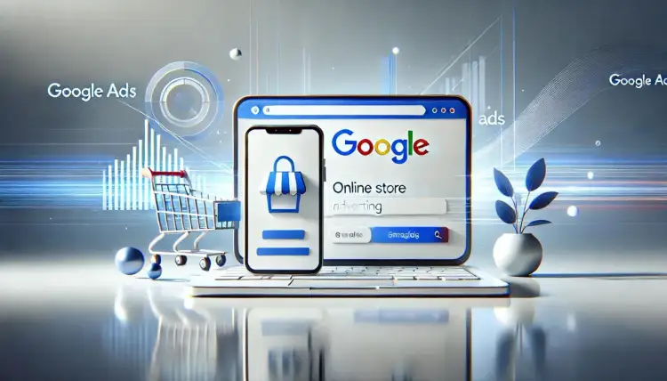 Grafika przedstawia laptop z ekranem Google, telefonem i wózkiem sklepowym, symbolizując reklamę online. W tle wykresy i napisy "Google Ads" sugerują analizę i potencjalne objawy manipulacji w rankingach typu płatny artykuł sponsorowany.
