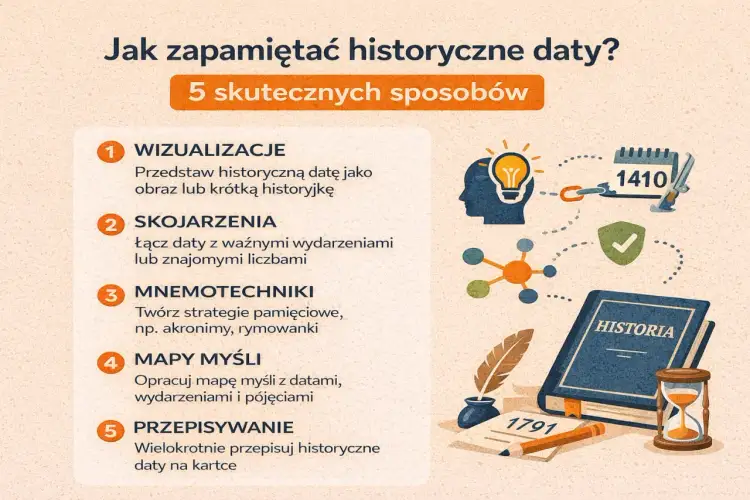 Jak się uczyć historii? 5 sposobów: wizualizacja, skojarzenia, mnemotechniki, mapy myśli, przepisywanie. Ilustracja pokazuje te metody.