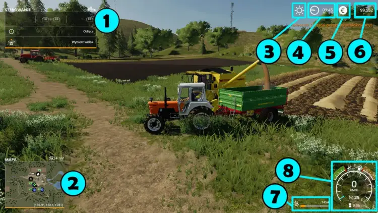 Symulacja rolnictwa: traktor z przyczepą i kombajn na polu, z interfejsem gry.