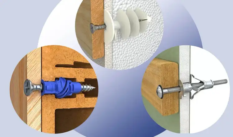 Różne kołki do karniszy pokazane w przekroju, mocowane w ścianach z cegły, karton-gipsu i drewna.