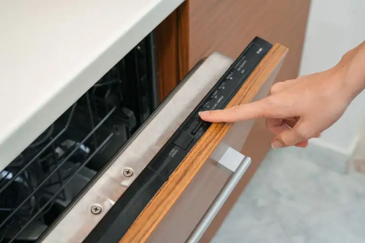 Dłoń naciska przycisk na panelu zmywarki, pokazując, co oznaczają symbole na zmywarce.