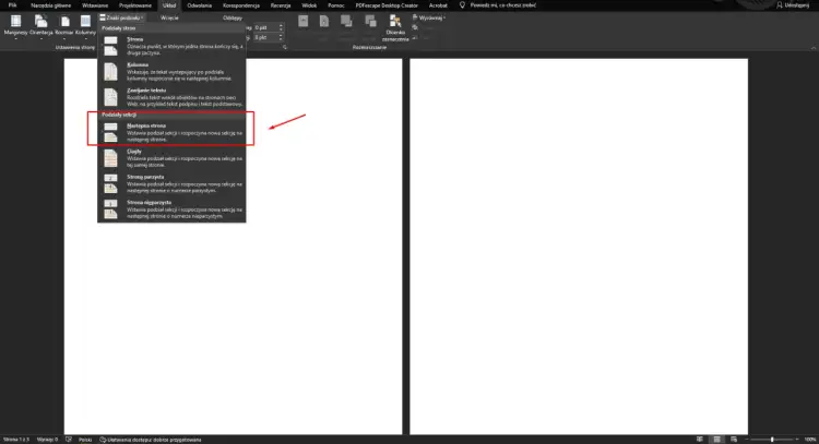 Wybierz "Podziały sekcji", aby dowiedzieć się, jak zrobić kolumny w Word.