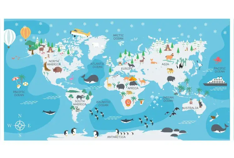 Mapa świata z kontynentami i zwierzętami. Widać pięć oceanów: Spokojny, Atlantycki, Indyjski, Arktyczny i Południowy.