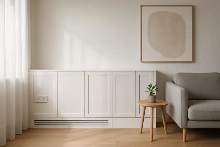 Elegancka zabudowa kryje grzejnik, pokazując, jak ukryć rury w domu. Minimalistyczny salon z sofą i obrazem.