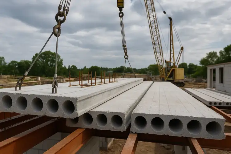 Dźwig podnosi strop z płyt żerańskich na budowie. W tle widać inne płyty i konstrukcje.