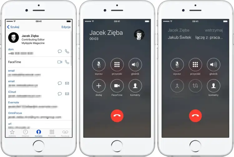 Trzy ekrany iPhone'a pokazujące nagrywanie rozmów. Widzimy kontakt, ekran rozmowy i ekran połączenia z innymi.