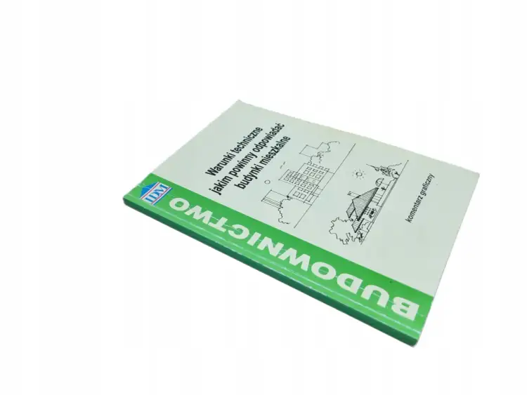 Okładka książki "Budownictwo" z rysunkami budynków i tekstem.