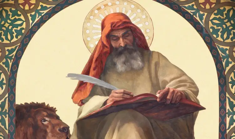 Święty Marek pisze Ewangelię, z lwem u boku, inspirując się boskim natchnieniem. To fragment kanon rzymski tekst.