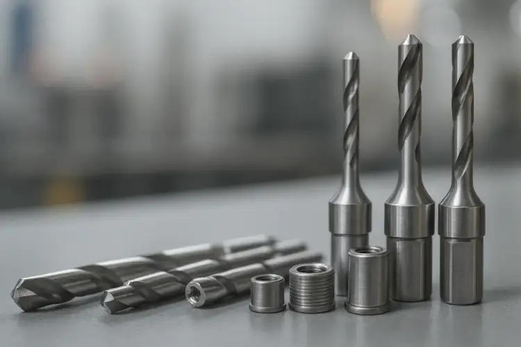 Kilka wierteł i tulejek gwintowanych na szarym tle.