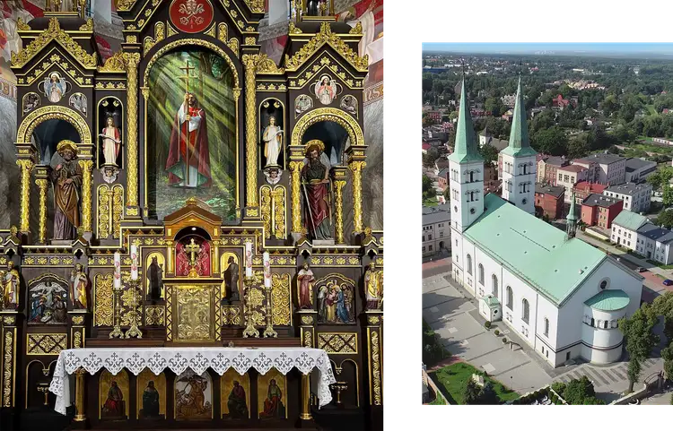 Wnętrze bazyliki w Mikołowie z ołtarzem i widokiem z lotu ptaka na kościół.