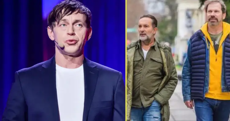 Kto dołączył do kabaretu hrabi? Na zdjęciu widzimy artystę na scenie i dwóch mężczyzn na ulicy.