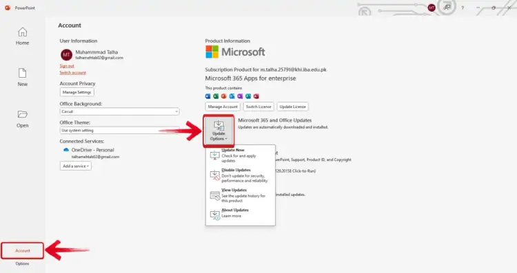 Wybierz "Update Options", aby sprawdzić, jak pobrać PowerPoint i inne aktualizacje.