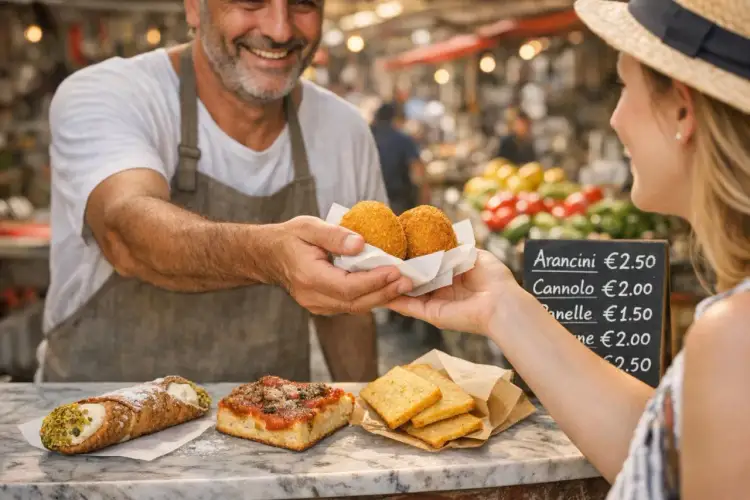 Uśmiechnięty sprzedawca podaje klientce arancini. Na ladzie cannolo, pizza i panelle. Ceny jedzenia we Włoszech są przystępne, np. arancini kosztują 2,50 euro.