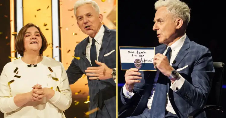 Kobieta cieszy się z wygranej w Milionerach, a prowadzący pokazuje czek. Pytanie brzmi: jaki podatek od wygranej w milionerach?