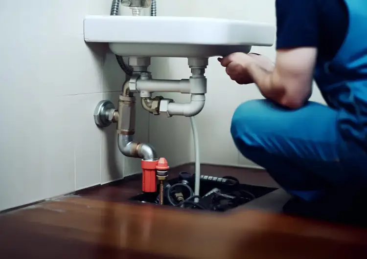 Hydraulik pracuje pod umywalką, rozwiązując problem, czym udrożnić rury odpływowe.