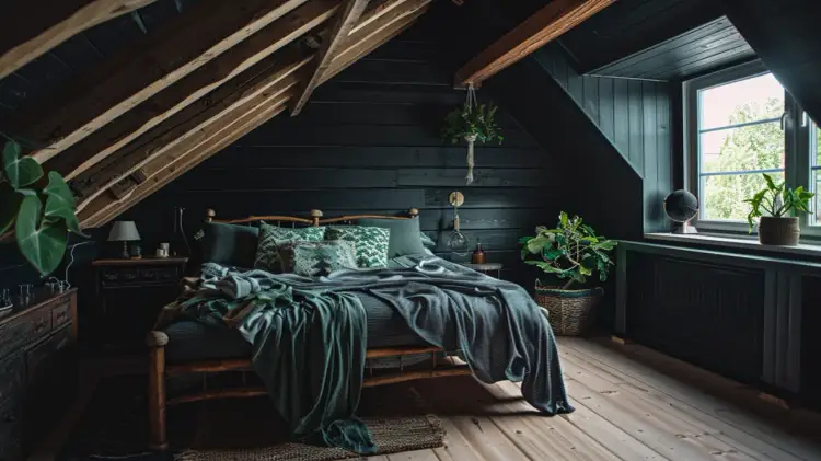 Aranżacja i inspiracje dla ciemnej sypialni na poddaszu