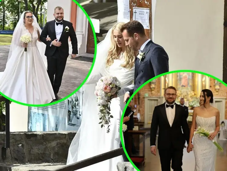 Jacek Ozdoba i jego żona świętują wesele. Uśmiechnięci nowożeńcy wychodzą z kościoła, pełni radości.