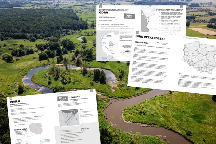 Malowniczy krajobraz z krętą rzeką, gdzie Odra wpada do morza. W tle rozległe tereny zielone i lasy.