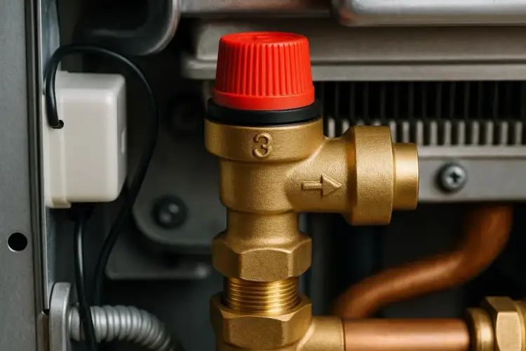 Mosiężny zawór bezpieczeństwa z czerwoną nakrętką, gdzie znajduje się zawór, jest częścią instalacji grzewczej.