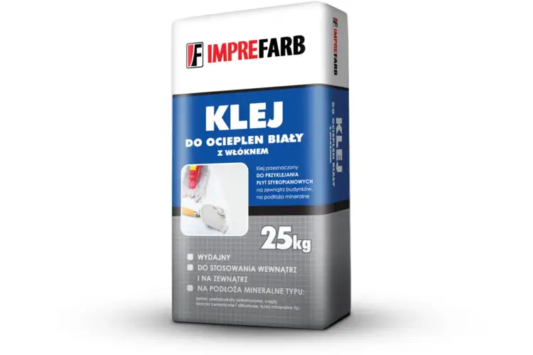 Imprefarb klej do ociepleń biały z włóknem, 25kg. Do przyklejania płyt styropianowych na zewnątrz i wewnątrz budynków.