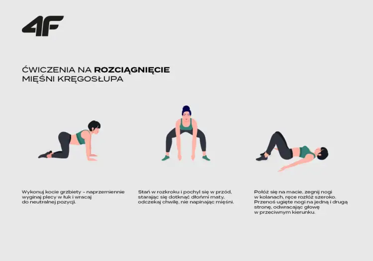 Ćwiczenia na rozciąganie mięśni kręgosłupa: pozycja kota, skłon w rozkroku, skręt tułowia leżąc. Jak dbać o kręgosłup.