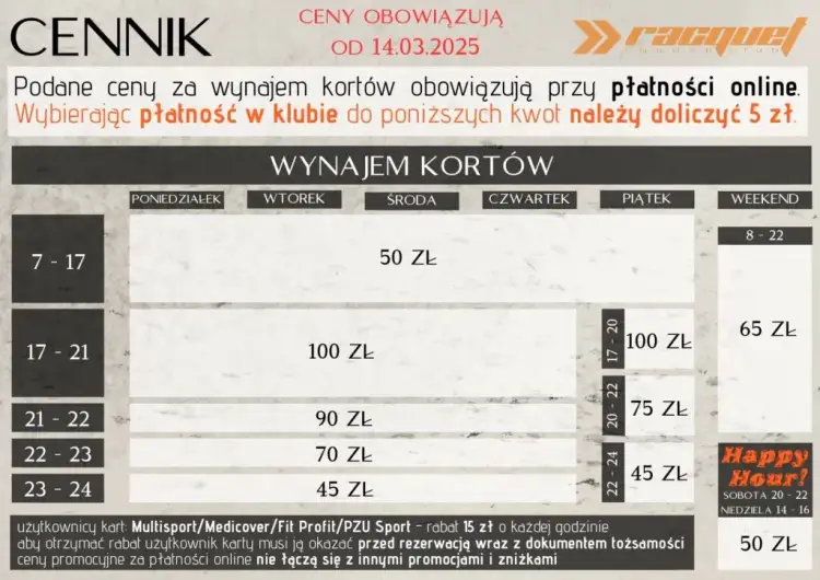 Cennik kortów squash w Krakowie - porównaj ceny i oferty