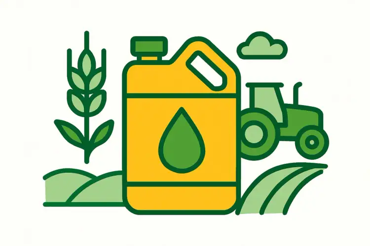 Żółty kanister z zieloną kroplą symbolizuje paliwo, które jest łatwopalne. W tle widać traktor i kłos zboża, co sugeruje rolnictwo.