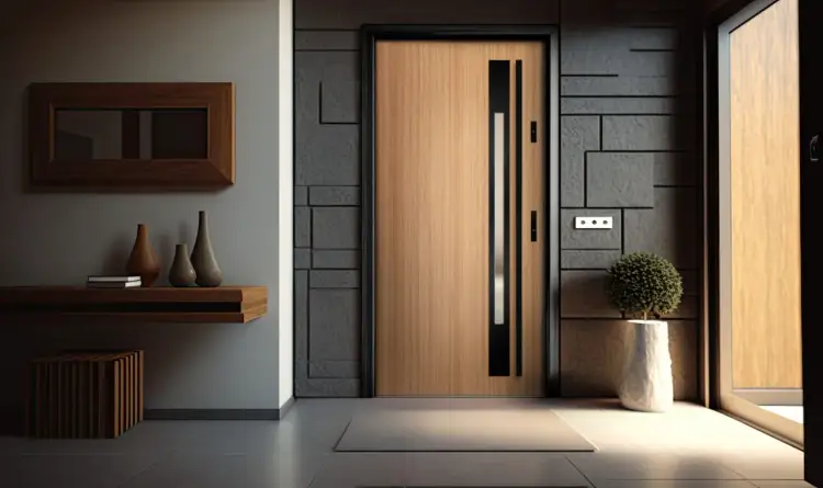 Nowoczesne drzwi z pochwytem, ozdobione pionowymi czarnymi i srebrnymi wstawkami, harmonizują z kamienną ścianą. Obok stoi donica z zieloną rośliną.