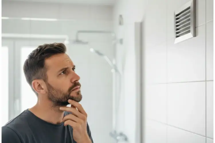 Mężczyzna zastanawia się, jak wyczyścić wentylator łazienkowy. W tle widać prysznic.