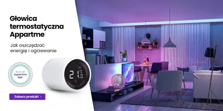 Inteligentna głowica termostatyczna Appartme pokazuje, jak działa i jak oszczędzać energię. Nowoczesny salon z oświetleniem LED.