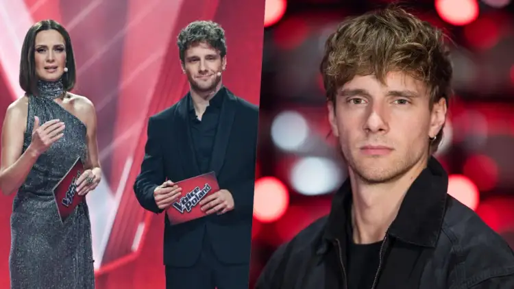 Kto to jest aktor? Młody mężczyzna z burzą brązowych włosów, ubrany w czarną kurtkę, stoi na tle czerwonych świateł.