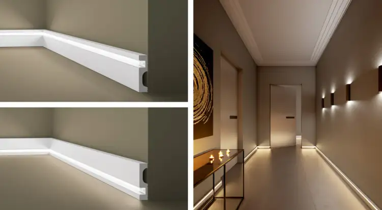 Nowoczesna listwa LED na ścianę tworzy subtelne, rozproszone światło w korytarzu, podkreślając jego architekturę.