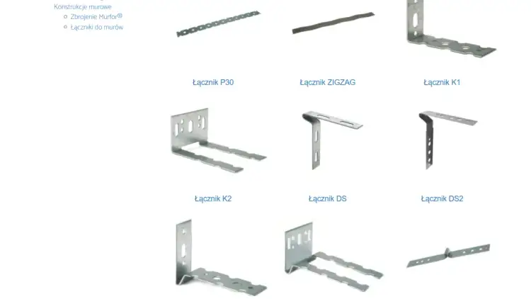 Różnorodne łączniki do ścian działowych, w tym modele P30, ZIGZAG, K1, K2, DS i DS2, wykonane z metalu.