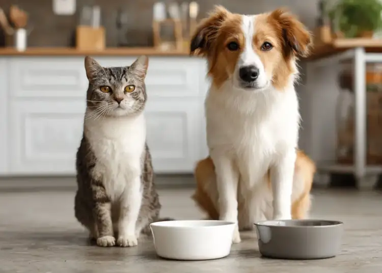 Kot i pies siedzą obok siebie, patrząc na miski. Czy pies może jeść kocią karmę? To pytanie nurtuje wielu właścicieli zwierząt.