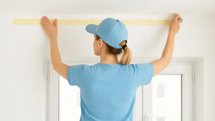 Kobieta w czapce i niebieskiej koszulce przykleja taśmę malarską, by zrobić równy pasek pod sufitem.