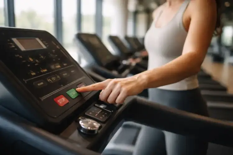 Kobieta naciska przycisk START na panelu bieżni, pokazując, jak włączyć bieżnię na siłowni.