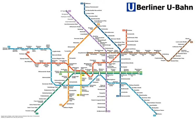Mapa sieci metra w Berlinie, pokazująca linie U1-U9 i ich stacje. Podróżuj po mieście z berlińskim metrem!