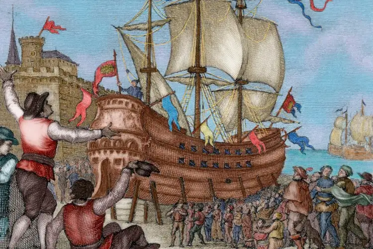 Ludzie żegnają statek, który wyrusza w podróż. Czy magellan opłynął świat? To pytanie towarzyszy tej scenie.