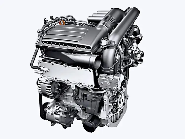 Nowoczesny silnik benzynowy, przykład niezniszczalne silniki benzynowe. Skomplikowana konstrukcja z turbosprężarką i licznymi przewodami.