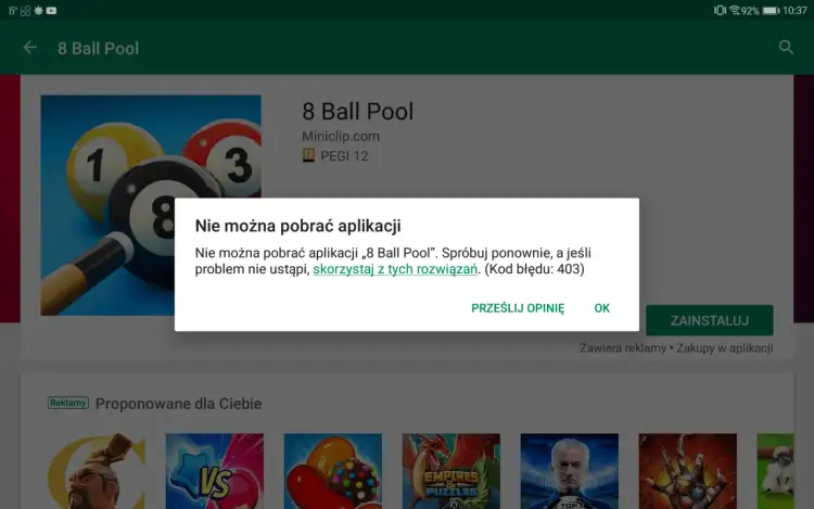 Grafika z gry 8 Ball Pool z komunikatem o błędzie pobierania aplikacji.
