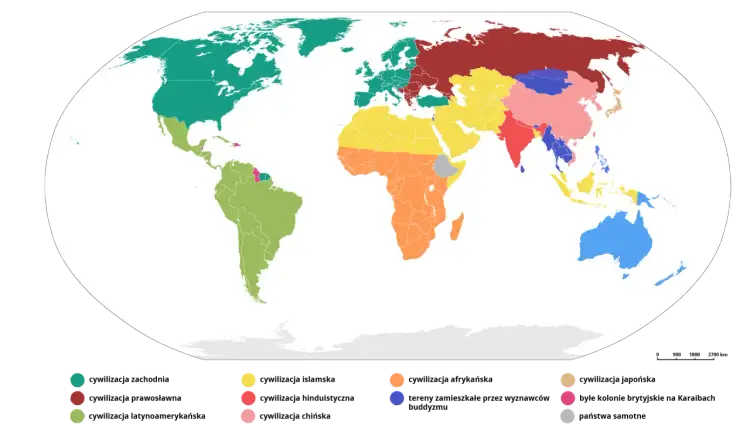 Mapa świata pokazująca, co to jest cywilizacja, podzielona na regiony: zachodnią, prawosławną, latynoamerykańską, islamską, hinduską, chińską, afrykańską, japońską, byłe kolonie brytyjskie i tereny niezamieszkałe.