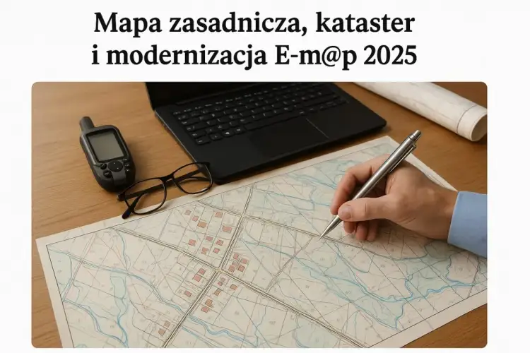 Ręka z długopisem nad mapą, obok GPS, okulary i laptop. To symbolizuje, co to znaczy modernizacja w geodezji i katastrze.